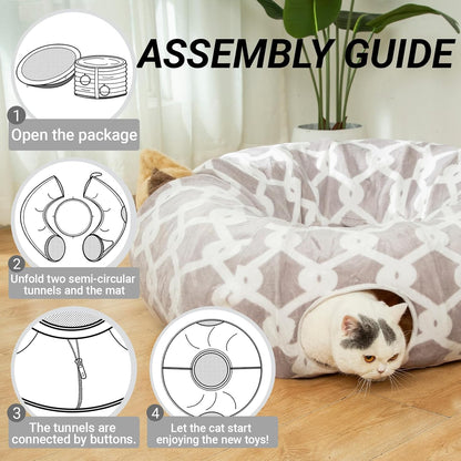 Large Cat Tunnel Bed under Christmas Tree with Fluffy Toy Balls, Small Cushion and Flexible Design- 10 Inch Diameter, 3 Ft Length- Great for Cats, and Small Dogs, Gray Geometric Figure